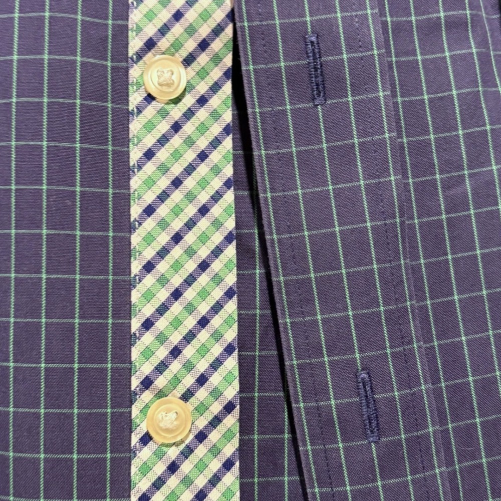 Paul Fredrick‎ Mens 17.5 34 Non-Iron Pinpoint Cotton Navy Green Windowpane Shirt - Picture 7 of 7